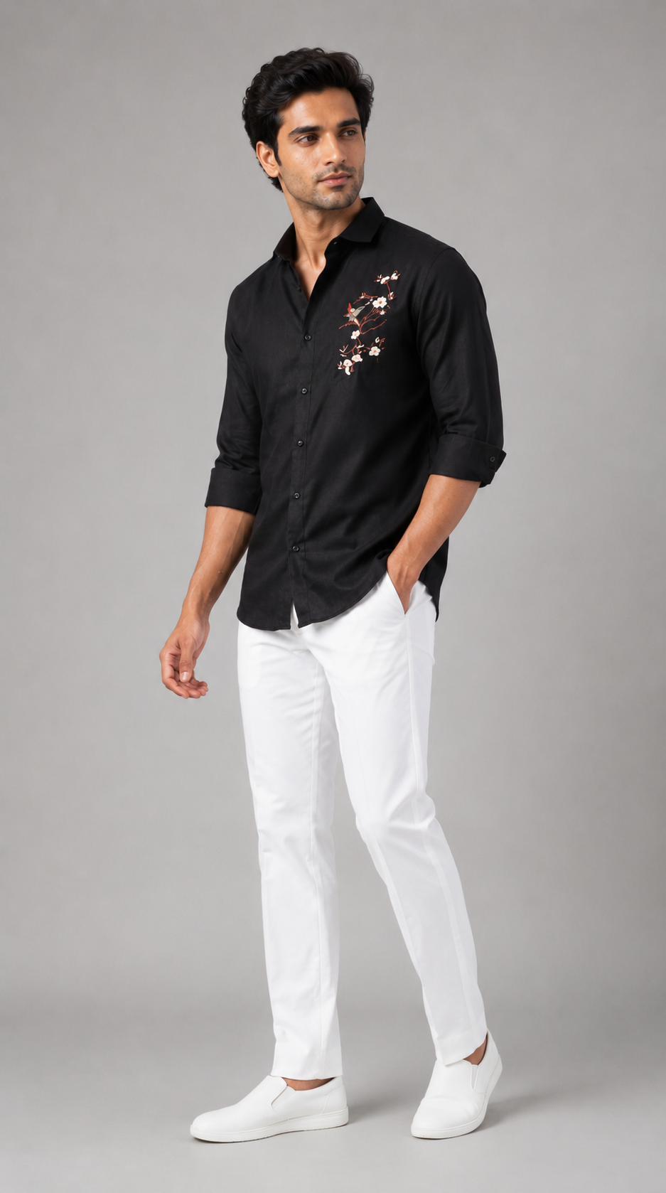 Midnight Black Linen Shirt Featuring Artistic Embroidered Accents