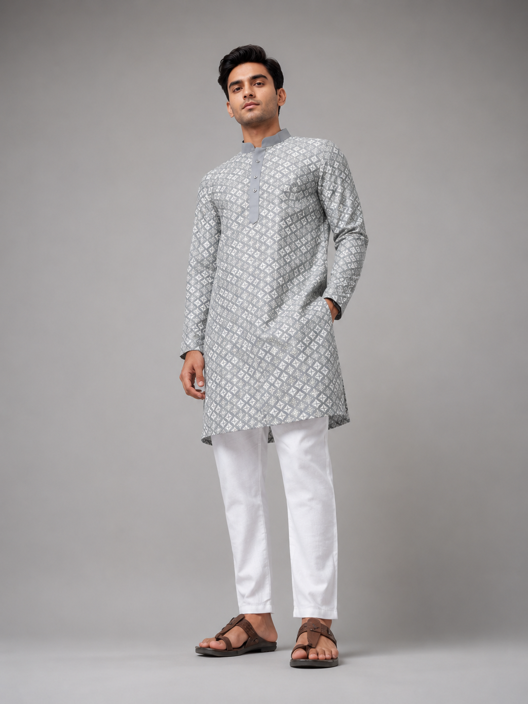 Classic Grey Embroidered Kurta Set Featuring Refined Elegance