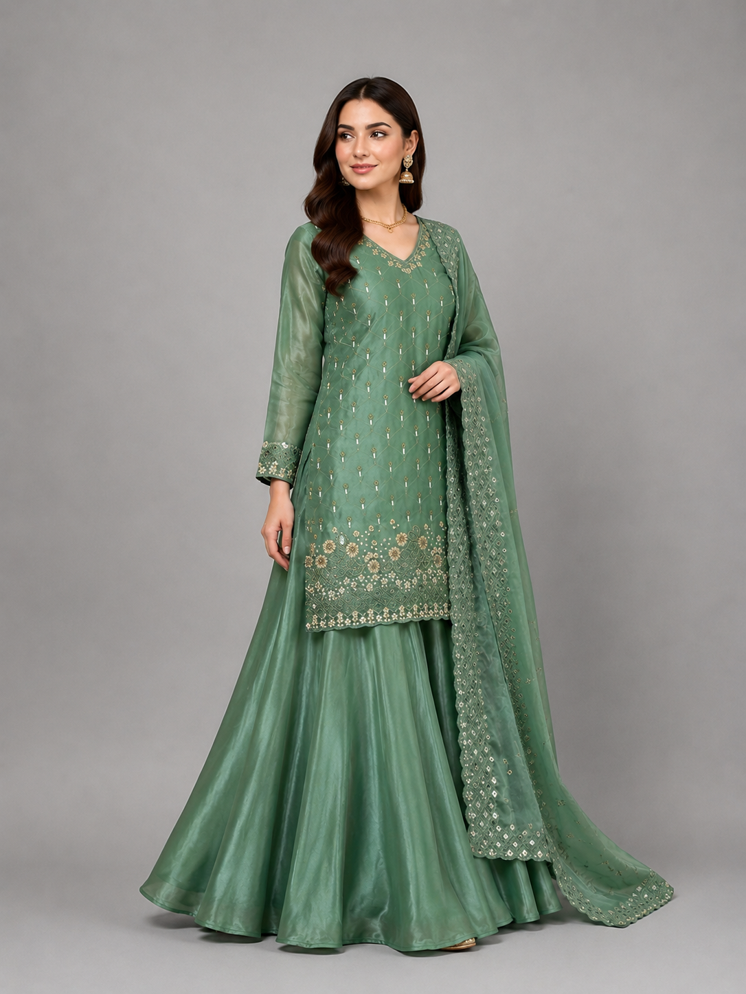 Regal Green Festive Set Featuring Intricate Embellishments
