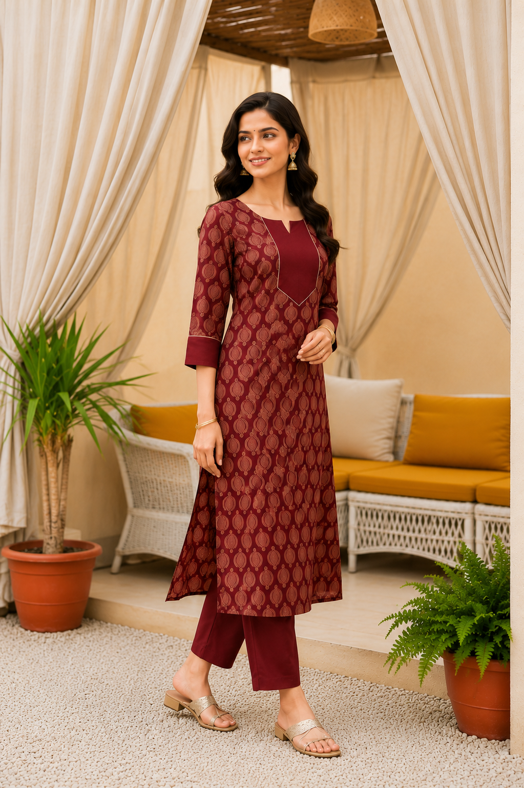 Classic Maroon Printed Cotton Kurta Set with Coordinated Pants