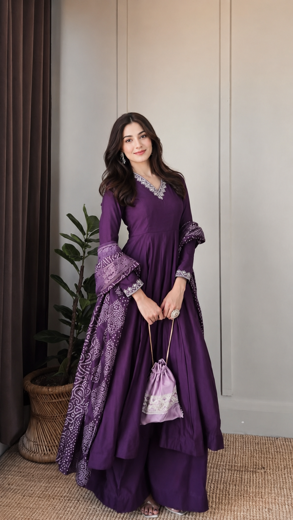 Classic Purple Anarkali Ensemble Featuring Contemporary Print Accents