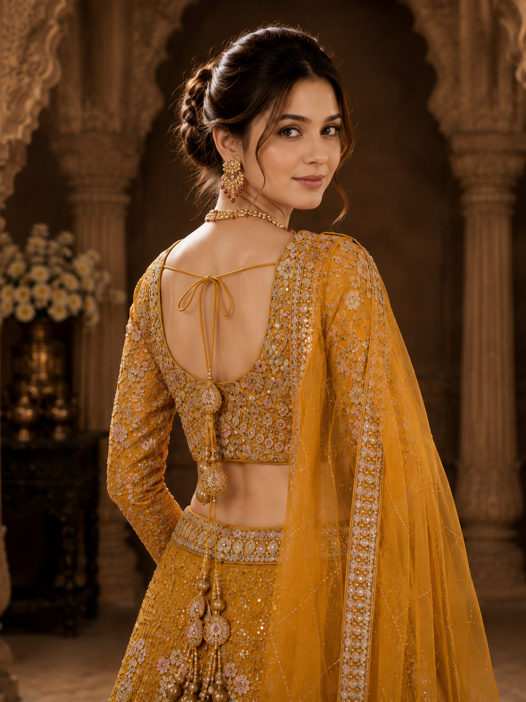 Mustard Yellow Embroidered Lehenga Set with Dupatta Featuring Peacock & Floral Detailing