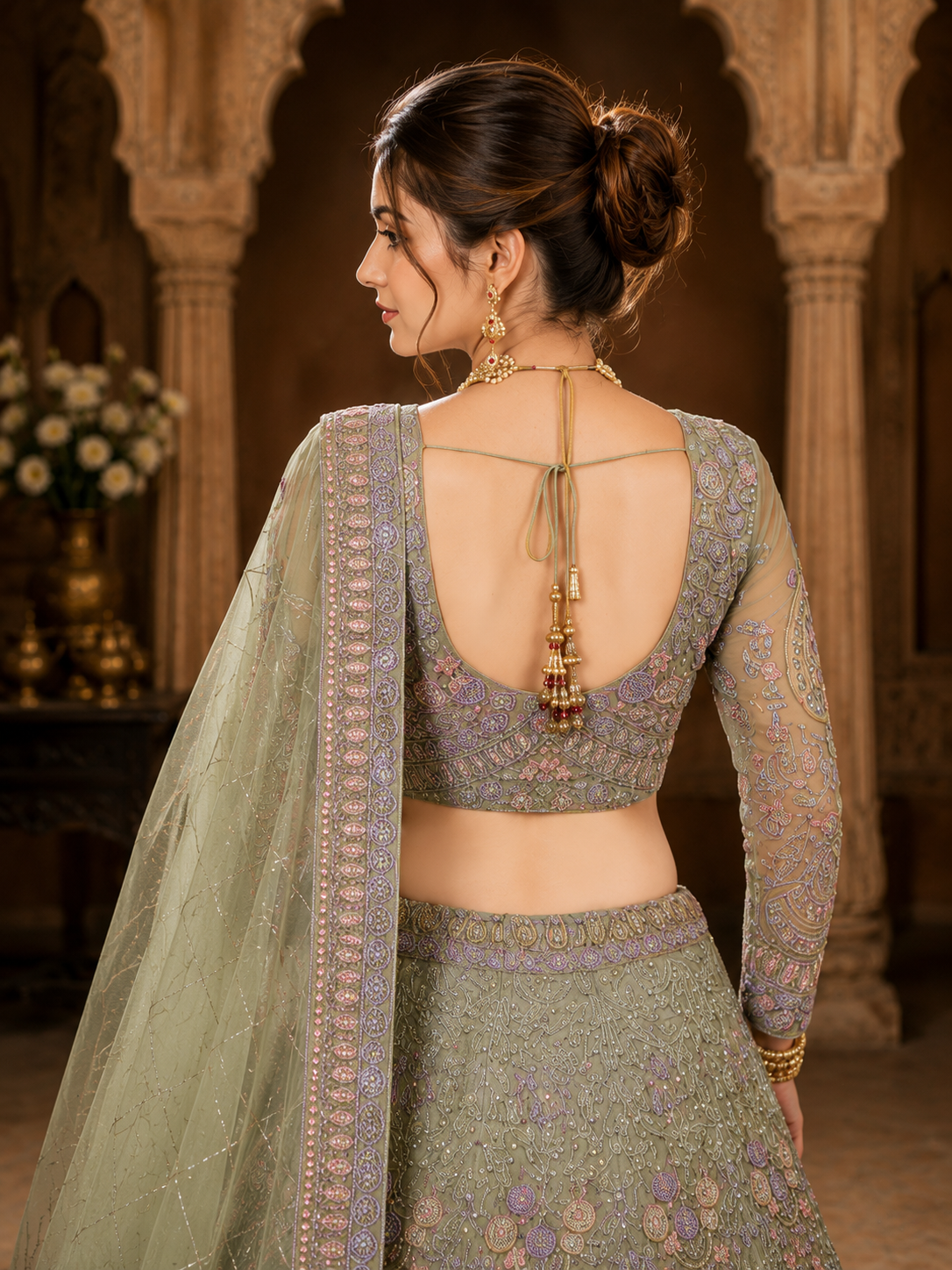 Pista Embroidered Lehenga Set with Dupatta Featuring Floral Threadwork