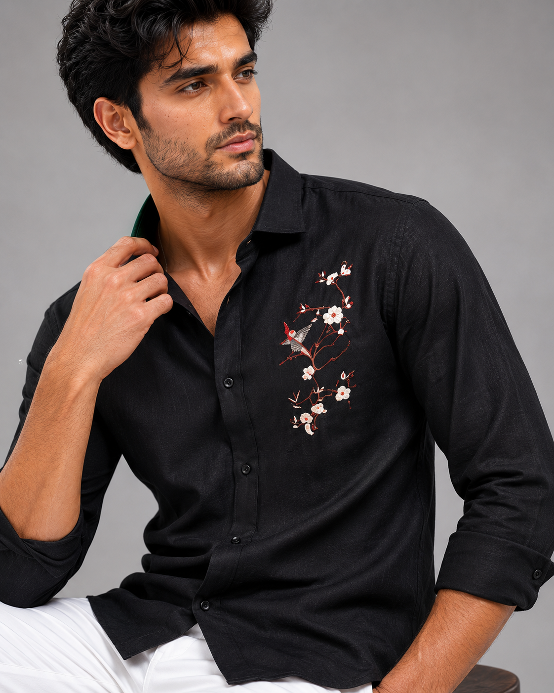 Midnight Black Linen Shirt Featuring Artistic Embroidered Accents