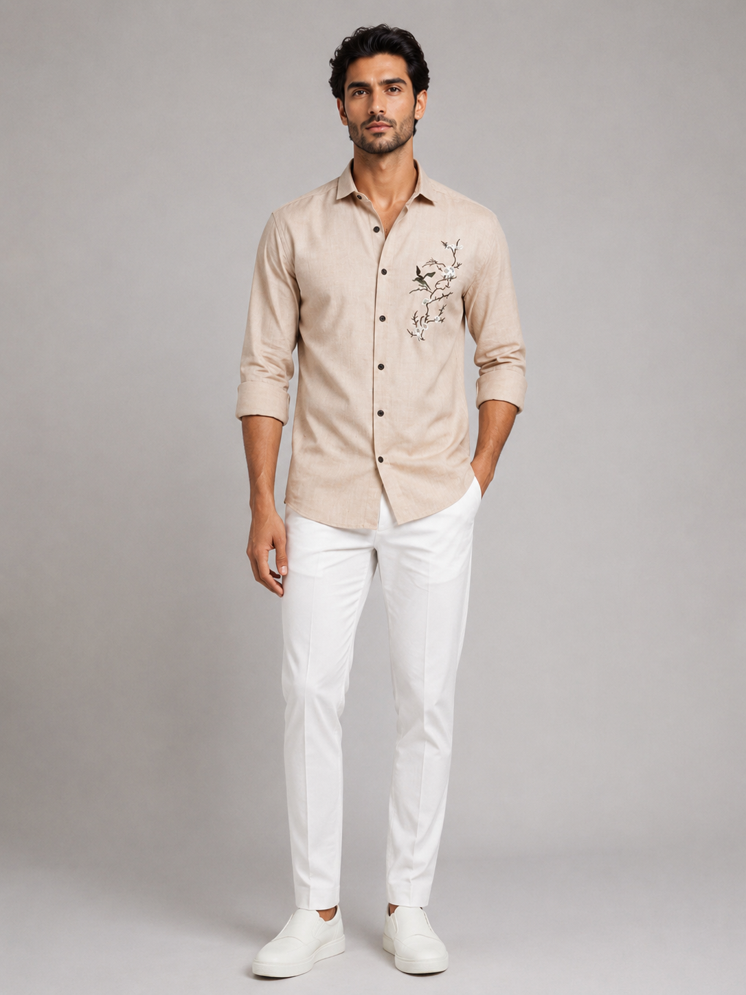 Signature Ivory Linen Shirt with Artistic Threadwork