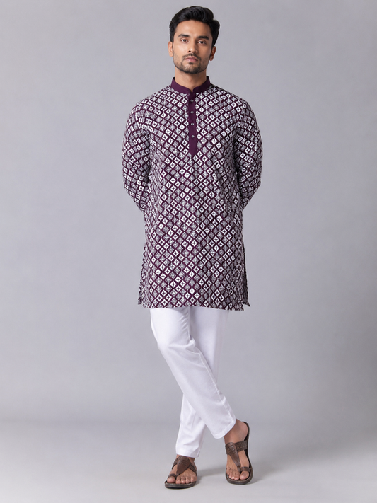 Royal Wine Embroidered Kurta Set Featuring Timeless Elegance