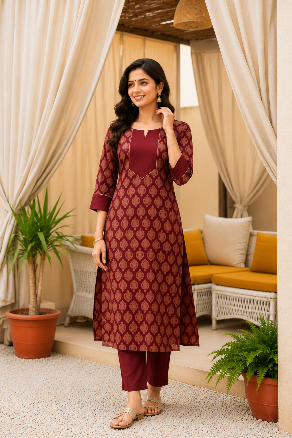 Classic Maroon Printed Cotton Kurta Set with Coordinated Pants
