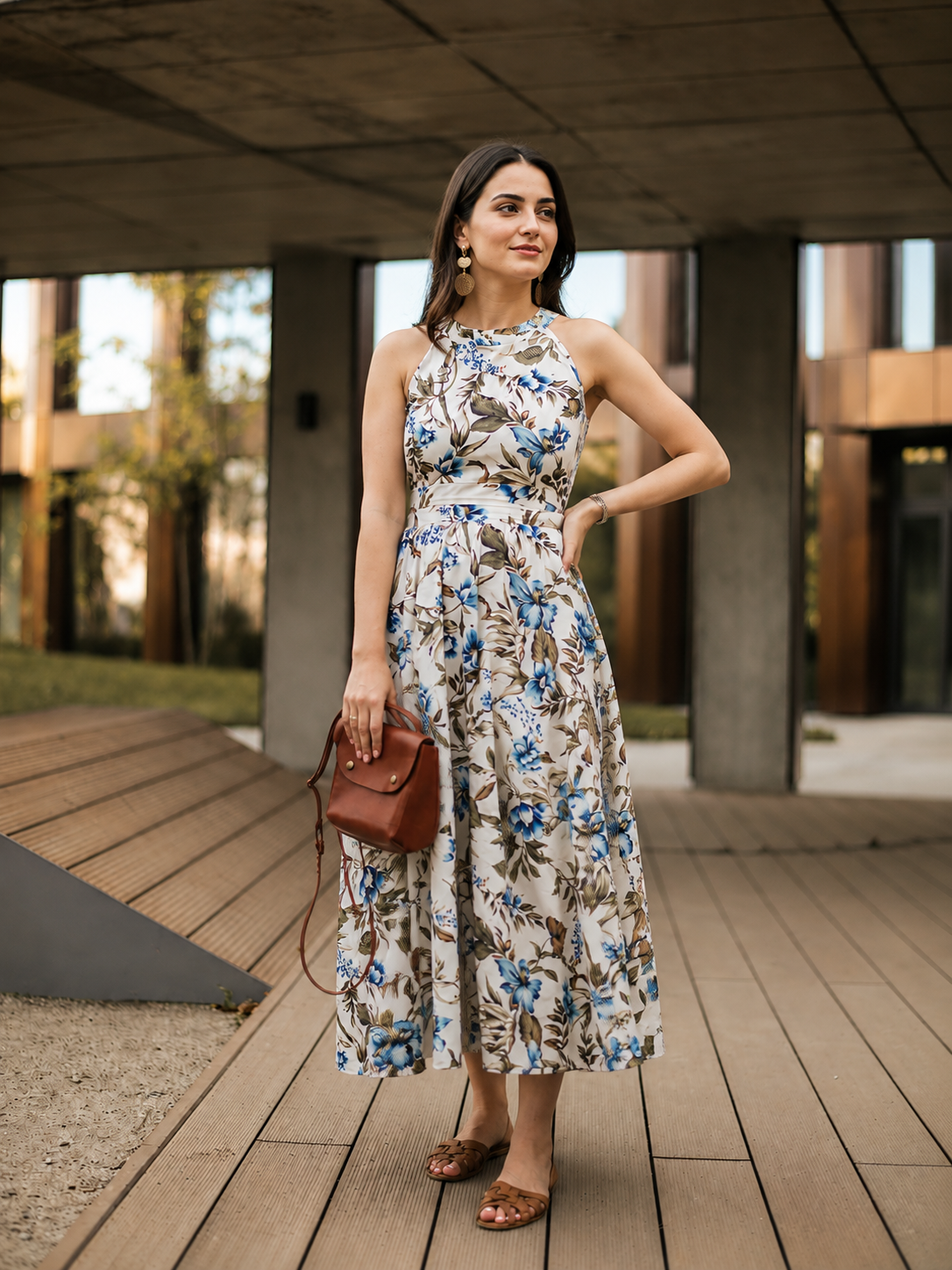 Elegant Ivory Floral Maxi Dress Featuring Blue Botanical Prints