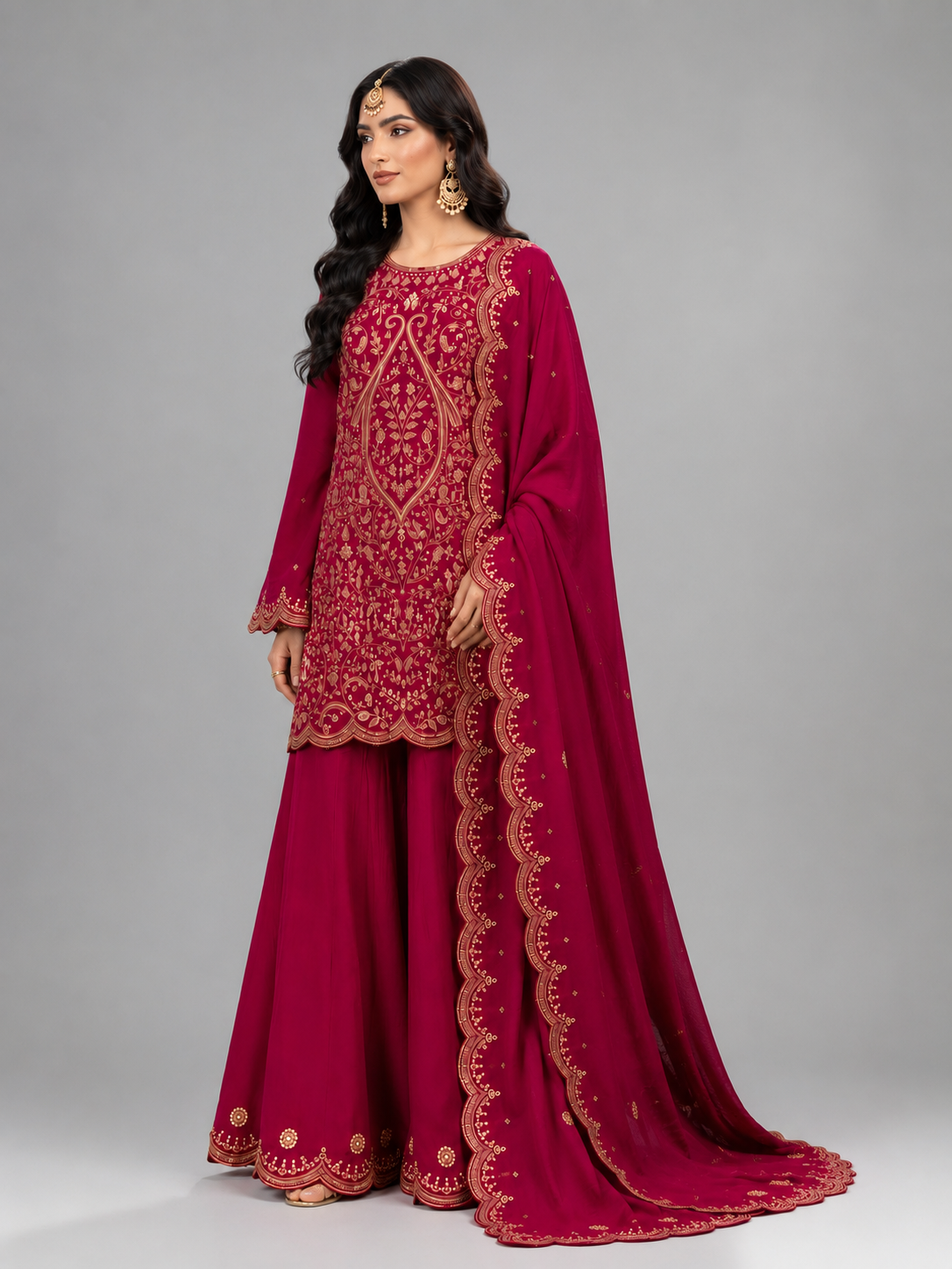 Royal Rani Pink Embroidered Palazzo Suit Set Featuring Zari & Sequin Detailing