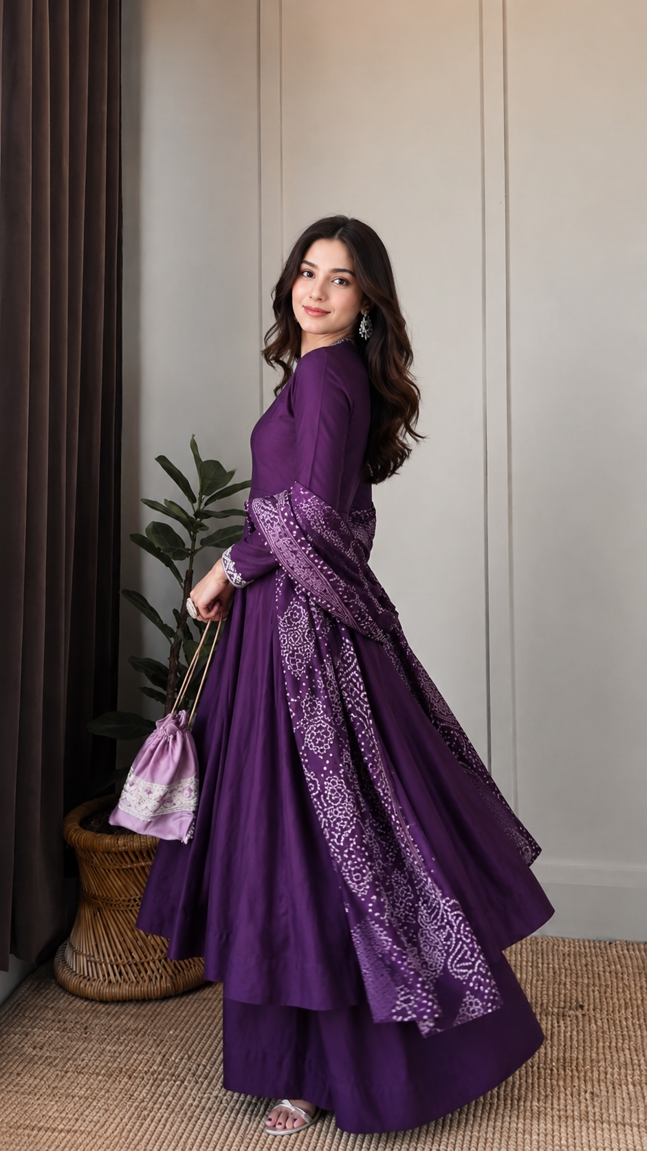 Classic Purple Anarkali Ensemble Featuring Contemporary Print Accents