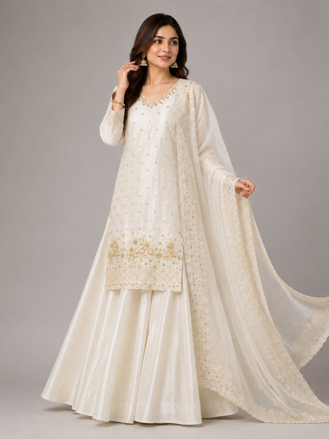 Royal Ivory Embroidered Palazzo Suit Set Featuring Bead & Sequin Detailing