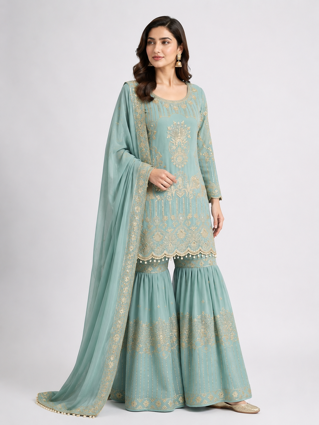 Timeless Sky Blue Occasion Wear Ensemble with Graceful Detailing