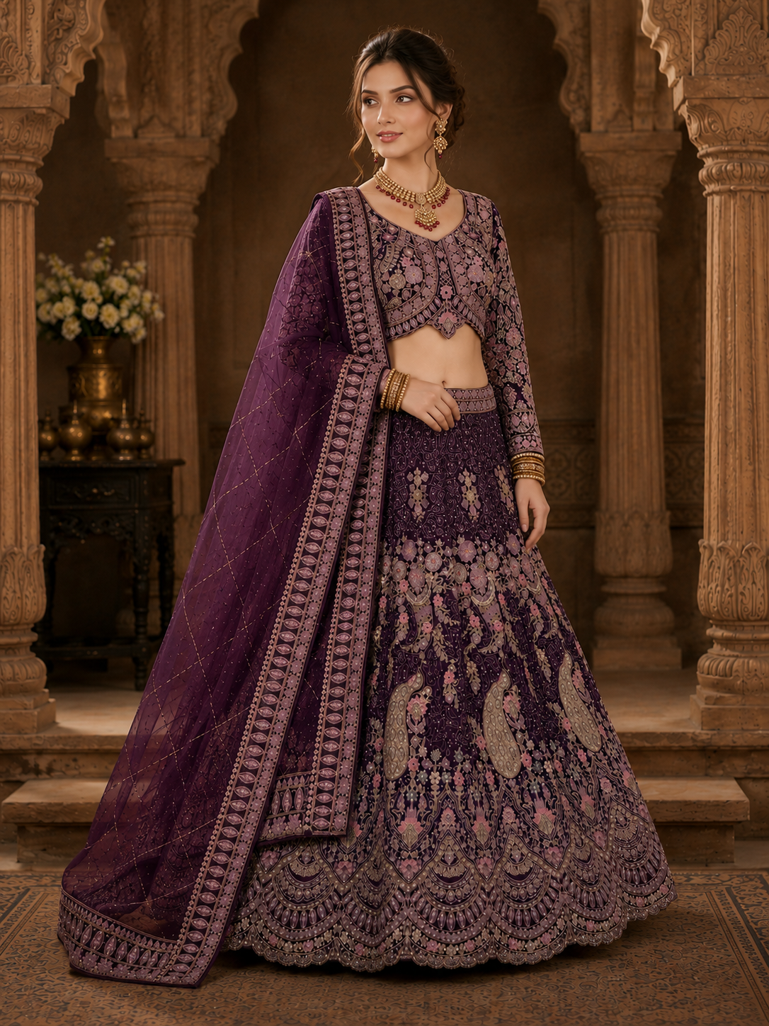 Imperial Wine Designer Lehenga Set with Dupatta Featuring Exquisite Floral Embroidery & Peacock Artwork
