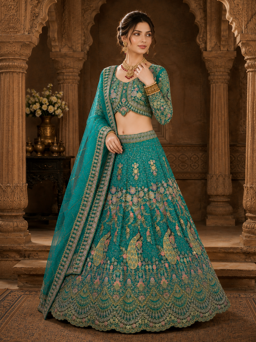 Sky Blue Embroidered Lehenga Set with Dupatta Featuring Floral Threadwork, Sequins & Peacock Motifs