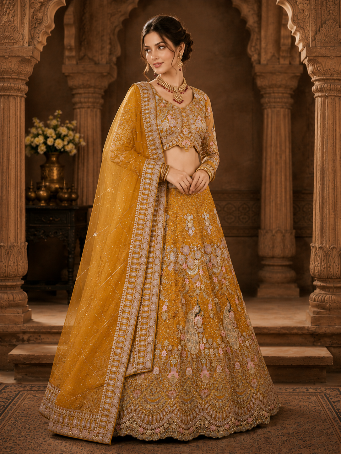 Mustard Yellow Embroidered Lehenga Set with Dupatta Featuring Peacock & Floral Detailing