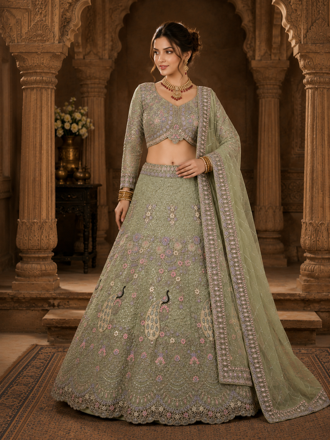 Pista Embroidered Lehenga Set with Dupatta Featuring Floral Threadwork