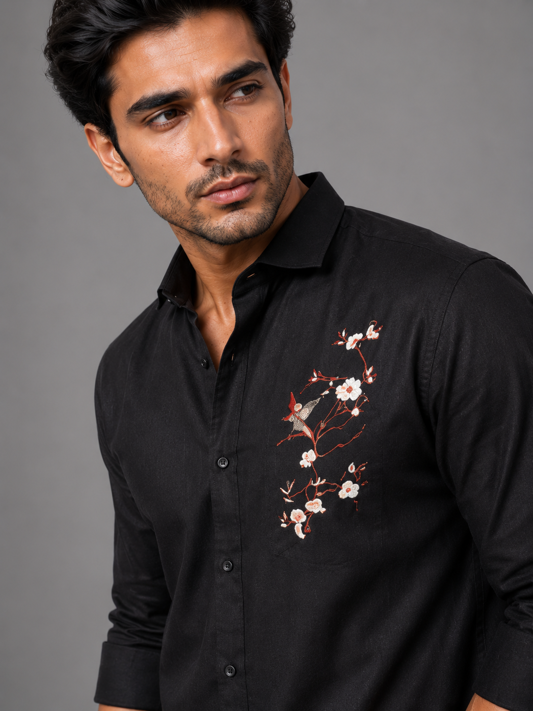 Midnight Black Linen Shirt Featuring Artistic Embroidered Accents