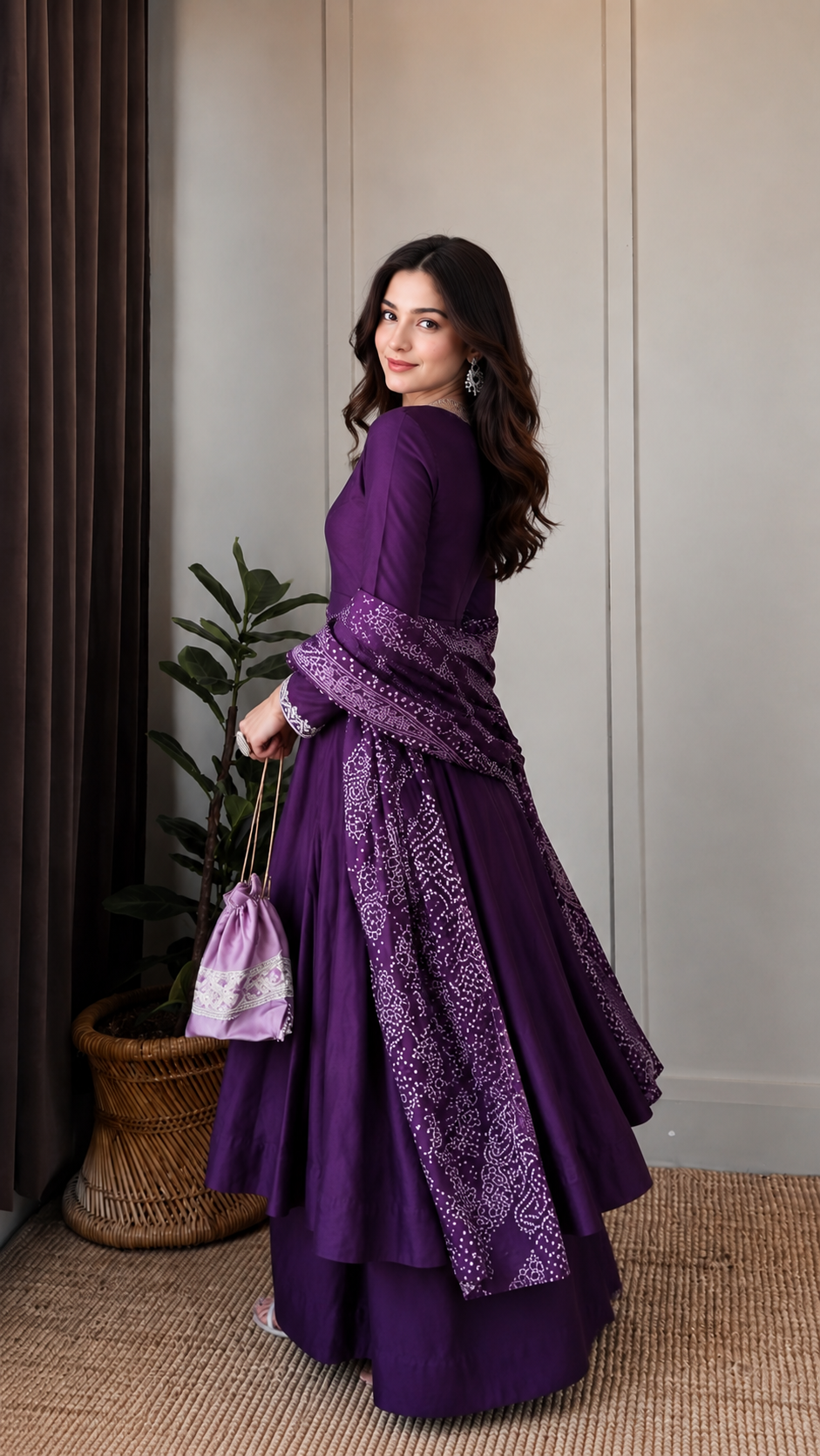 Classic Purple Anarkali Ensemble Featuring Contemporary Print Accents