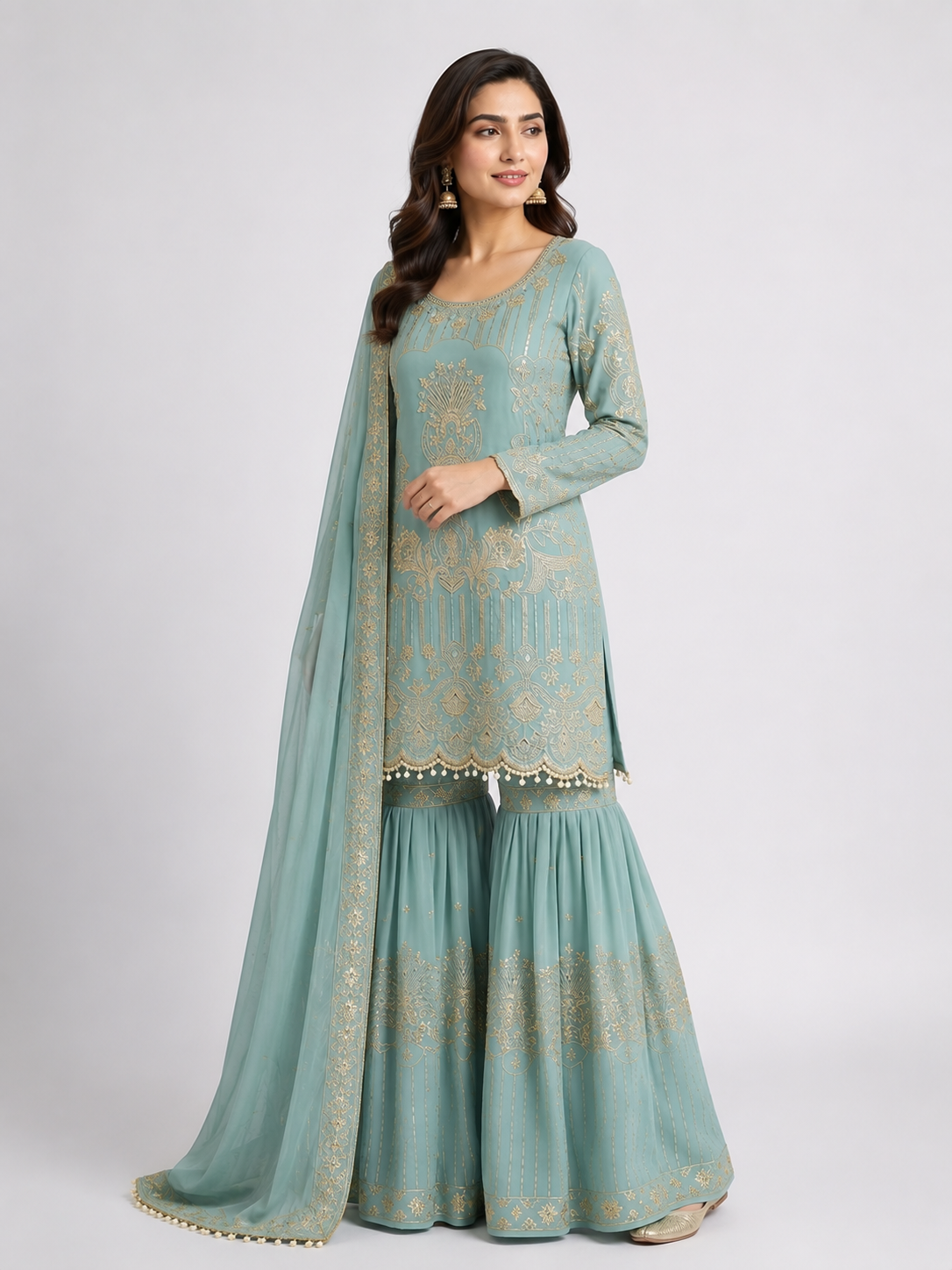 Timeless Sky Blue Occasion Wear Ensemble with Graceful Detailing