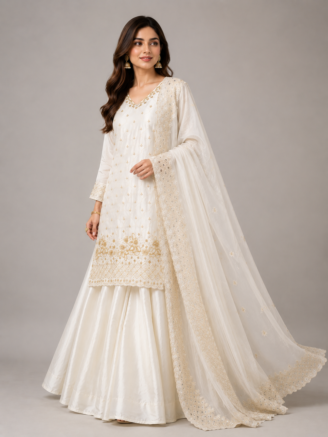 Royal Ivory Embroidered Palazzo Suit Set Featuring Bead & Sequin Detailing