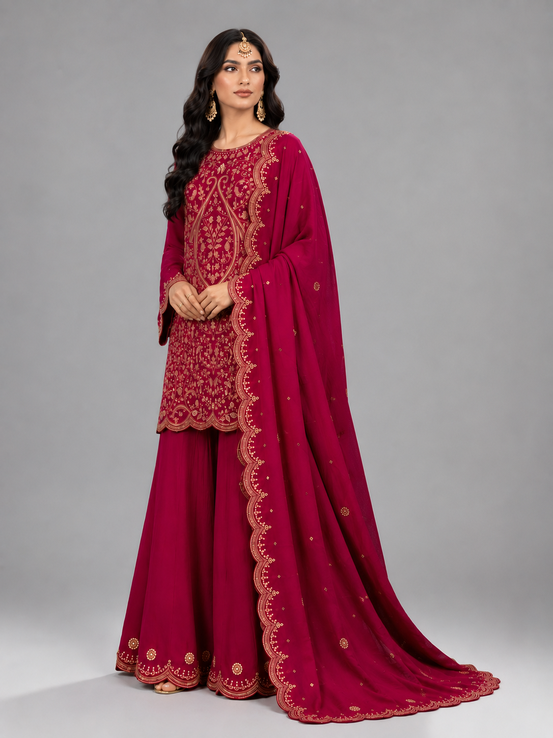 Royal Rani Pink Embroidered Palazzo Suit Set Featuring Zari & Sequin Detailing