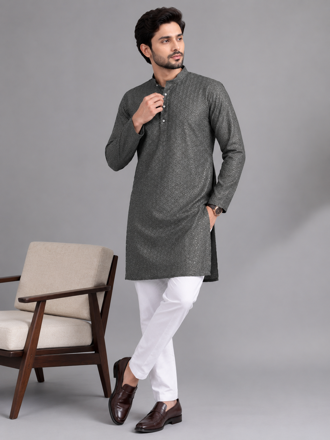 Heritage Grey Embroidered Kurta