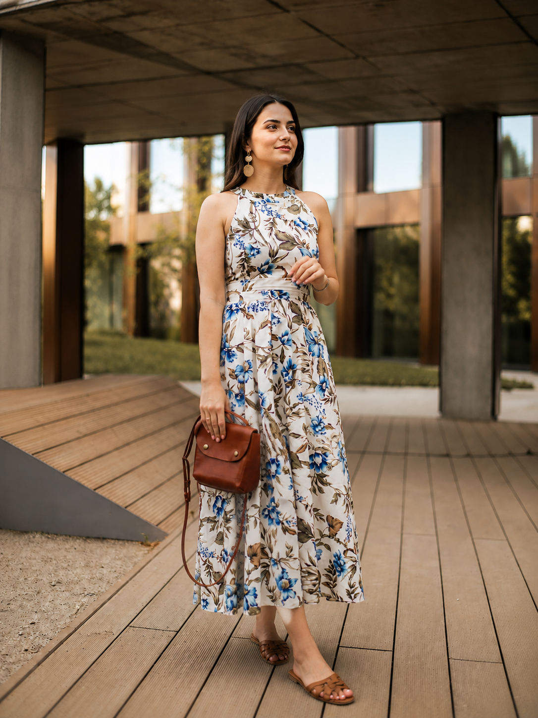 Elegant Ivory Floral Maxi Dress Featuring Blue Botanical Prints
