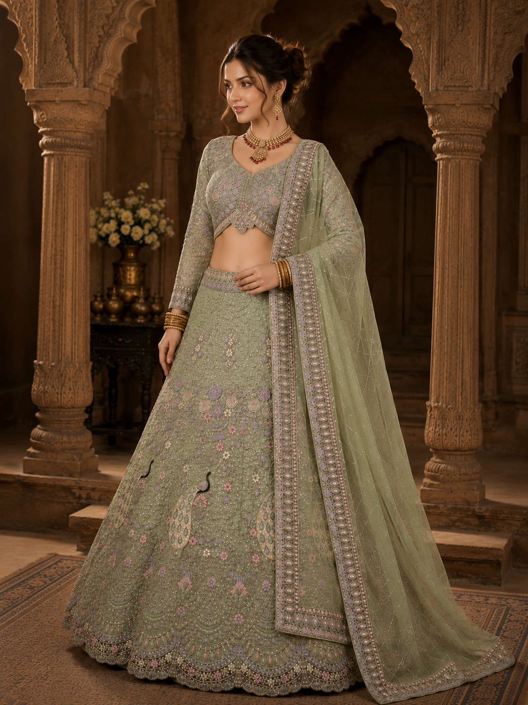 Pista Embroidered Lehenga Set with Dupatta Featuring Floral Threadwork