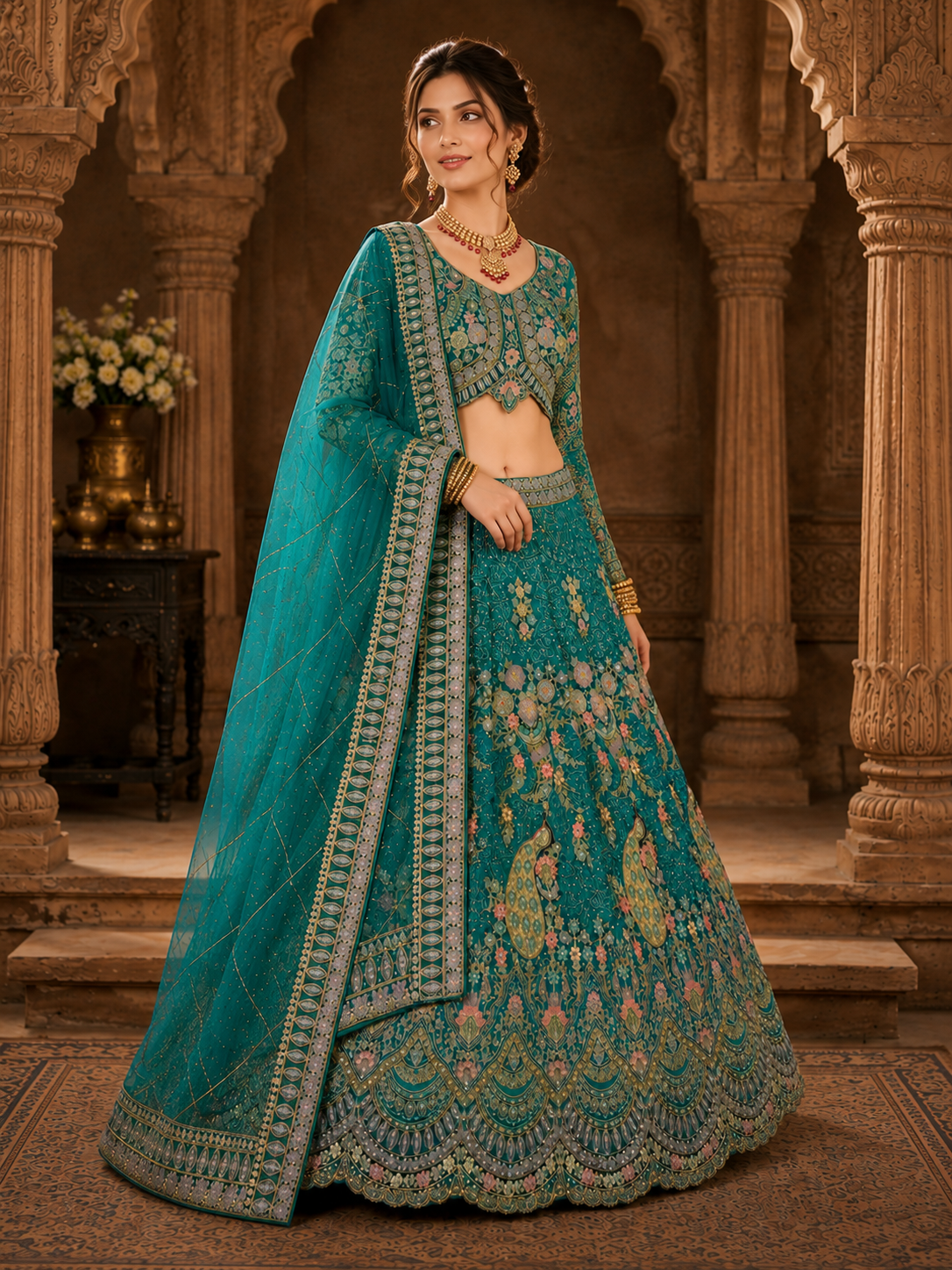 Sky Blue Embroidered Lehenga Set with Dupatta Featuring Floral Threadwork, Sequins & Peacock Motifs