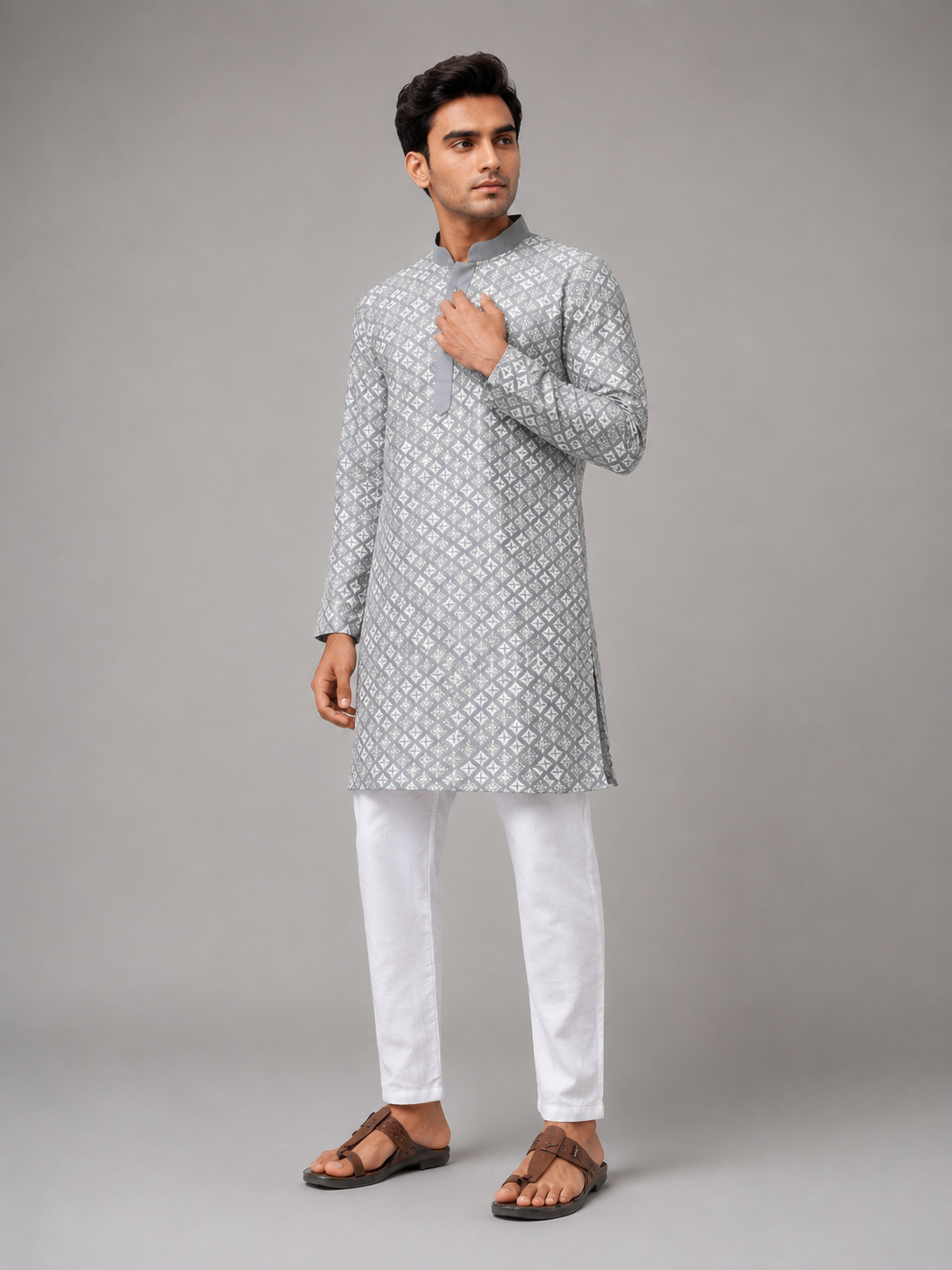 Classic Grey Embroidered Kurta Set Featuring Refined Elegance