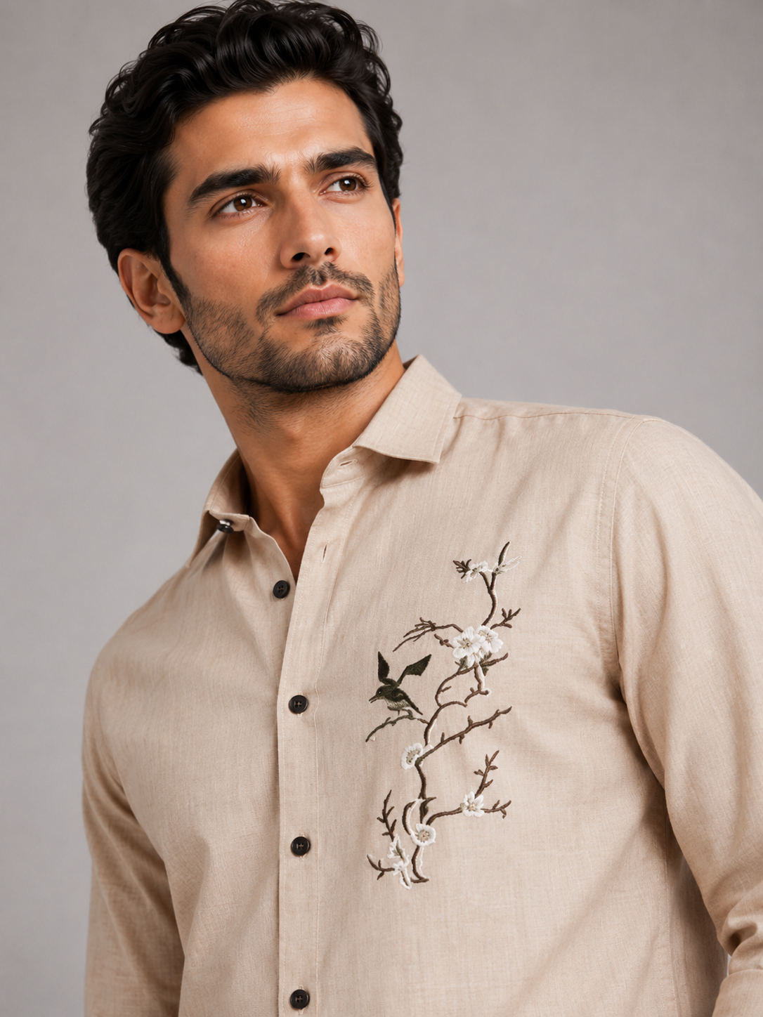 Signature Ivory Linen Shirt with Artistic Threadwork
