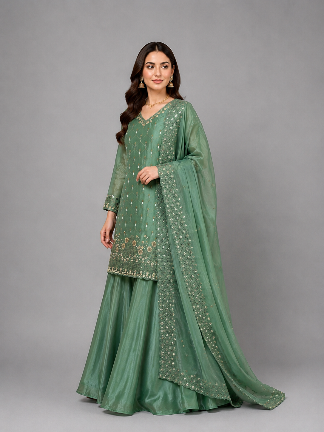 Regal Green Festive Set Featuring Intricate Embellishments