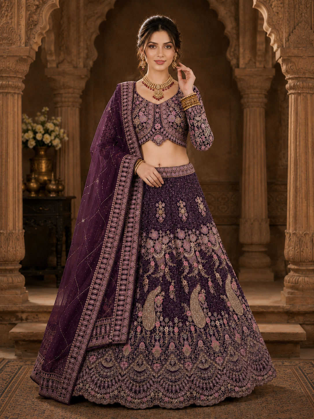 Imperial Wine Designer Lehenga Set with Dupatta Featuring Exquisite Floral Embroidery & Peacock Artwork