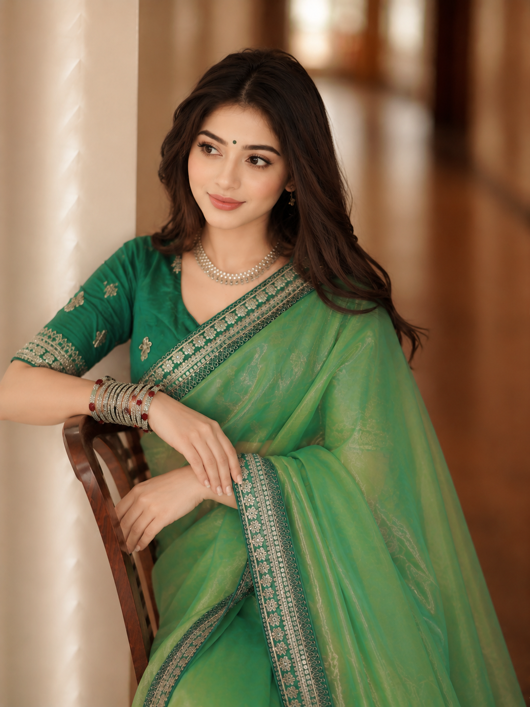 Sage Green Embroidered Designer Saree with Border Work