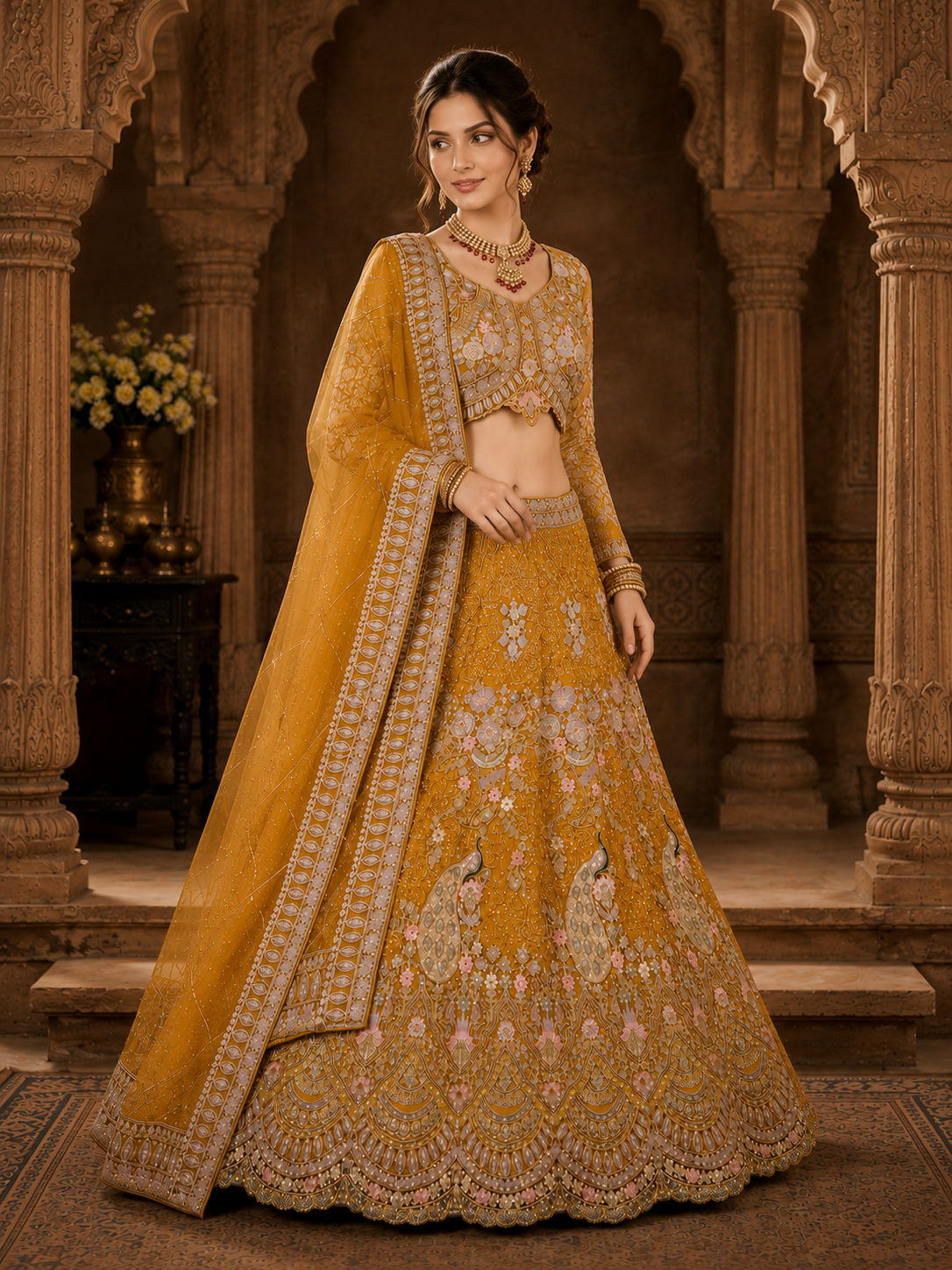 Mustard Yellow Embroidered Lehenga Set with Dupatta Featuring Peacock & Floral Detailing