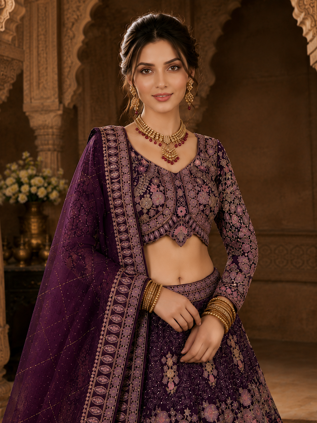 Imperial Wine Designer Lehenga Set with Dupatta Featuring Exquisite Floral Embroidery & Peacock Artwork