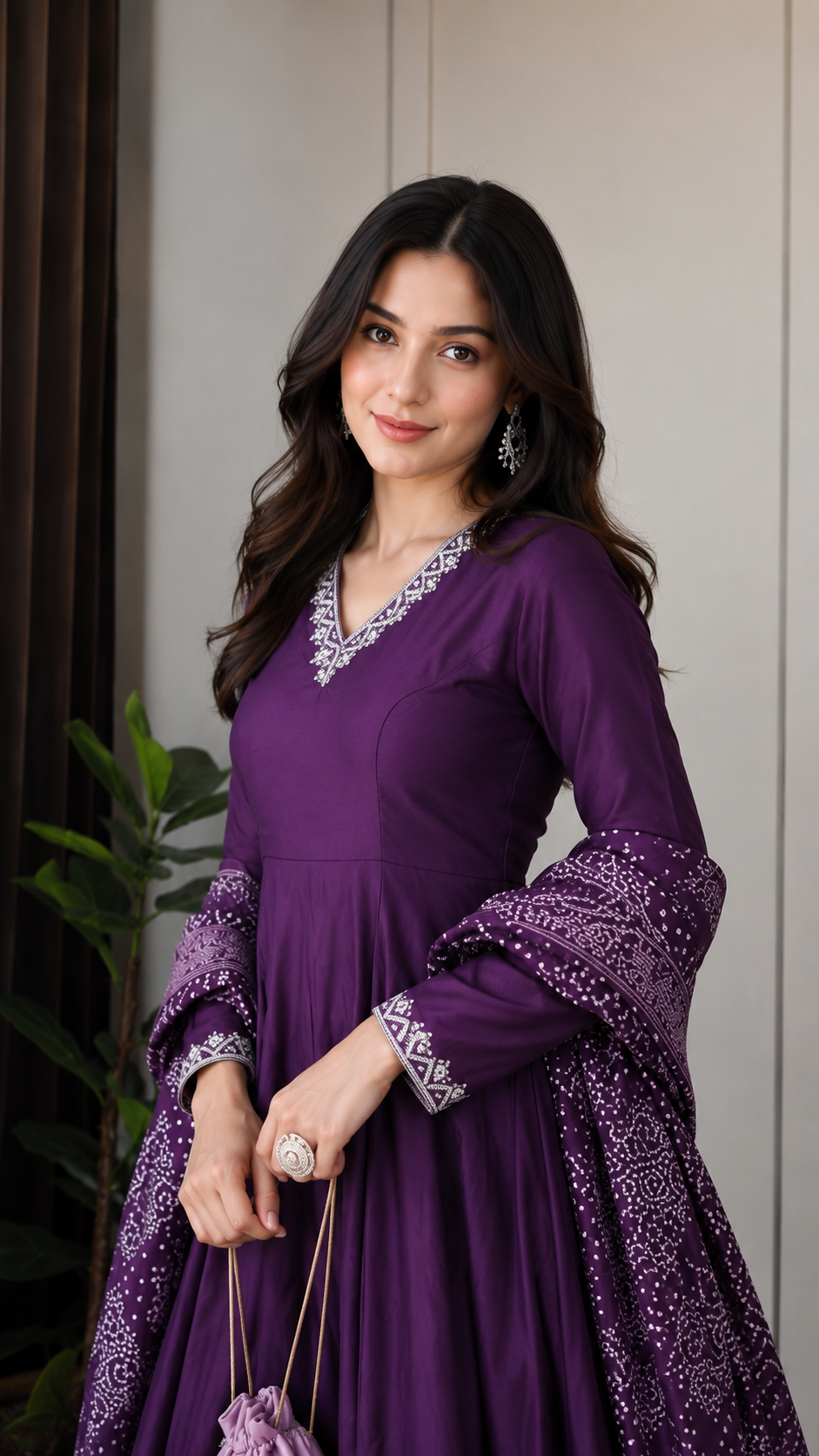Classic Purple Anarkali Ensemble Featuring Contemporary Print Accents