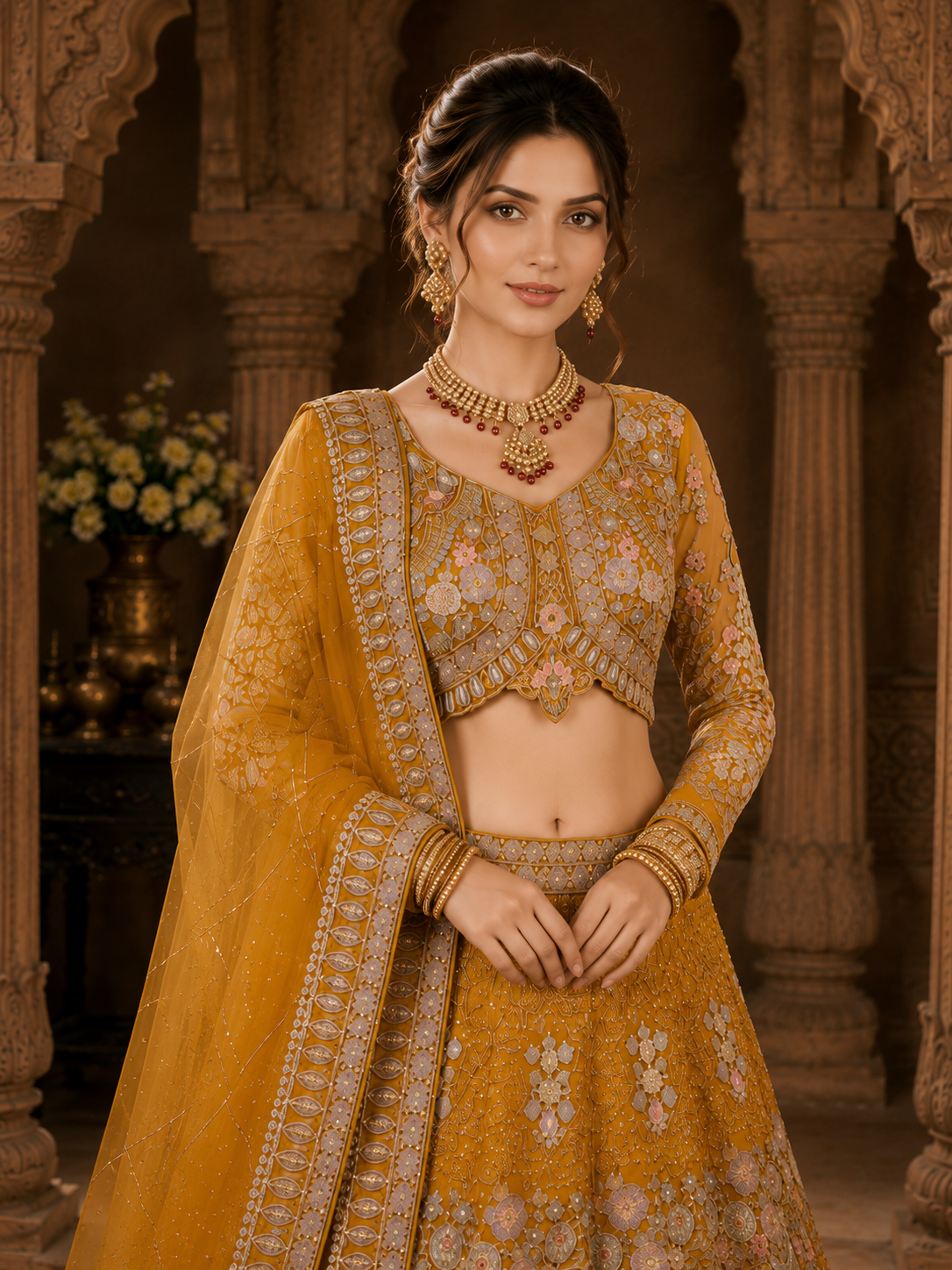 Mustard Yellow Embroidered Lehenga Set with Dupatta Featuring Peacock & Floral Detailing