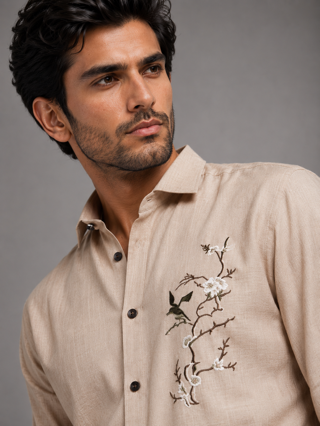 Signature Ivory Linen Shirt with Artistic Threadwork