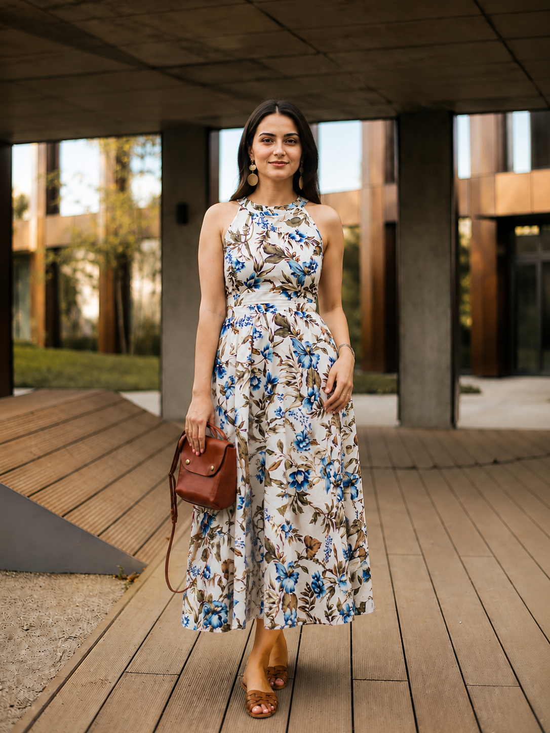 Elegant Ivory Floral Maxi Dress Featuring Blue Botanical Prints