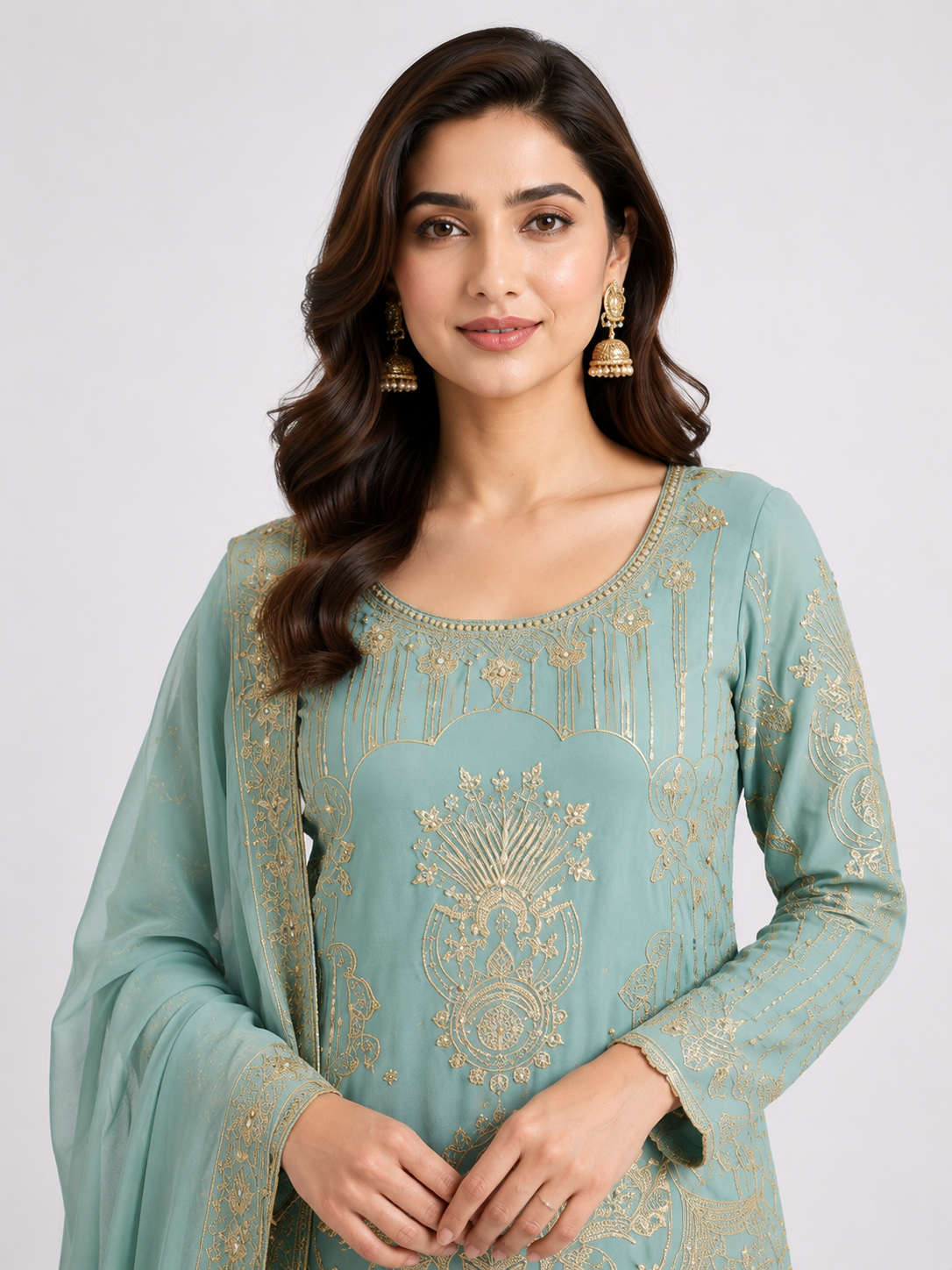 Timeless Sky Blue Occasion Wear Ensemble with Graceful Detailing