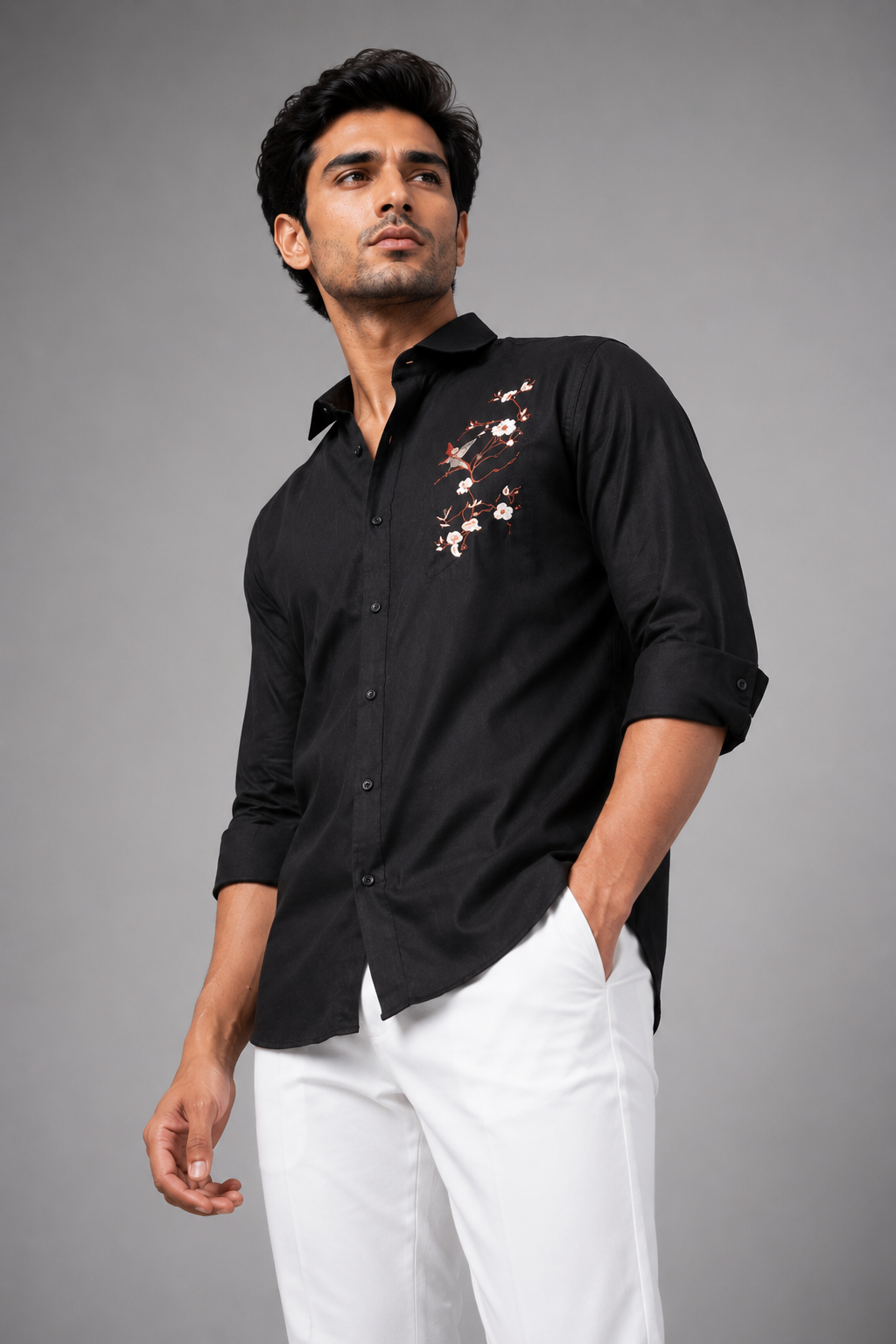 Midnight Black Linen Shirt Featuring Artistic Embroidered Accents
