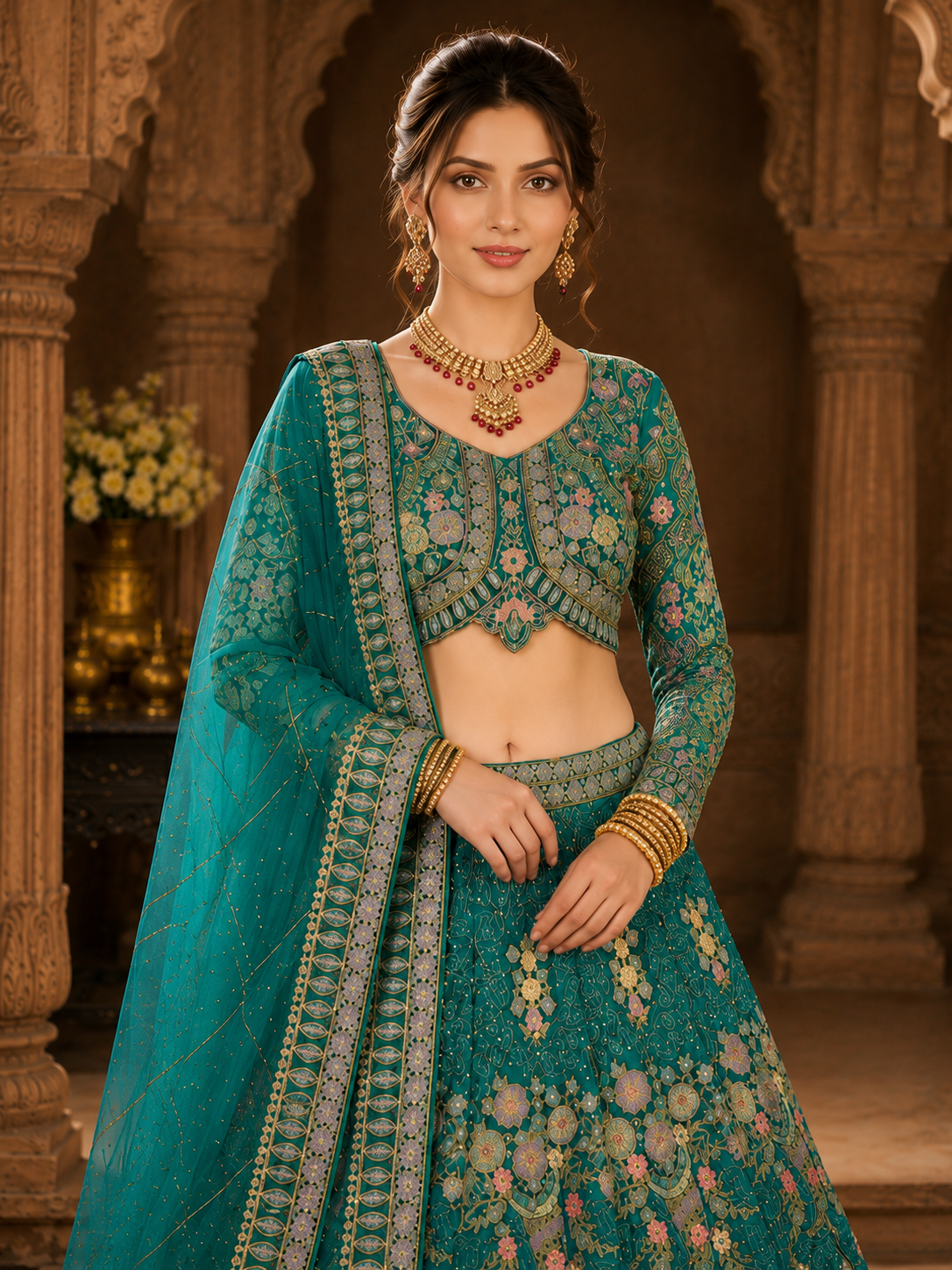 Sky Blue Embroidered Lehenga Set with Dupatta Featuring Floral Threadwork, Sequins & Peacock Motifs