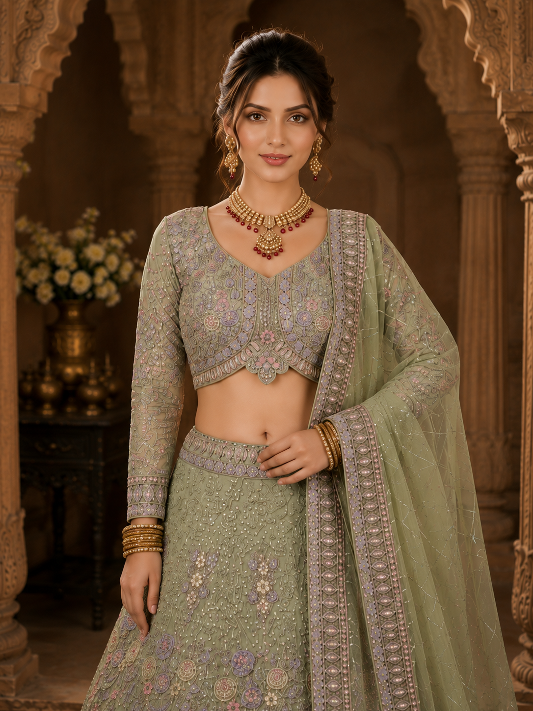 Pista Embroidered Lehenga Set with Dupatta Featuring Floral Threadwork