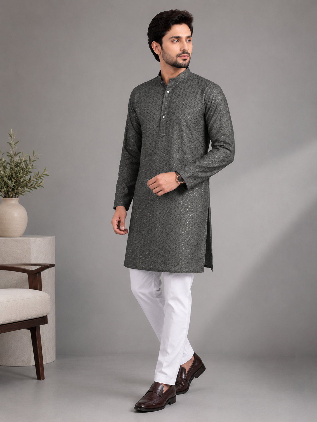 Heritage Grey Embroidered Kurta