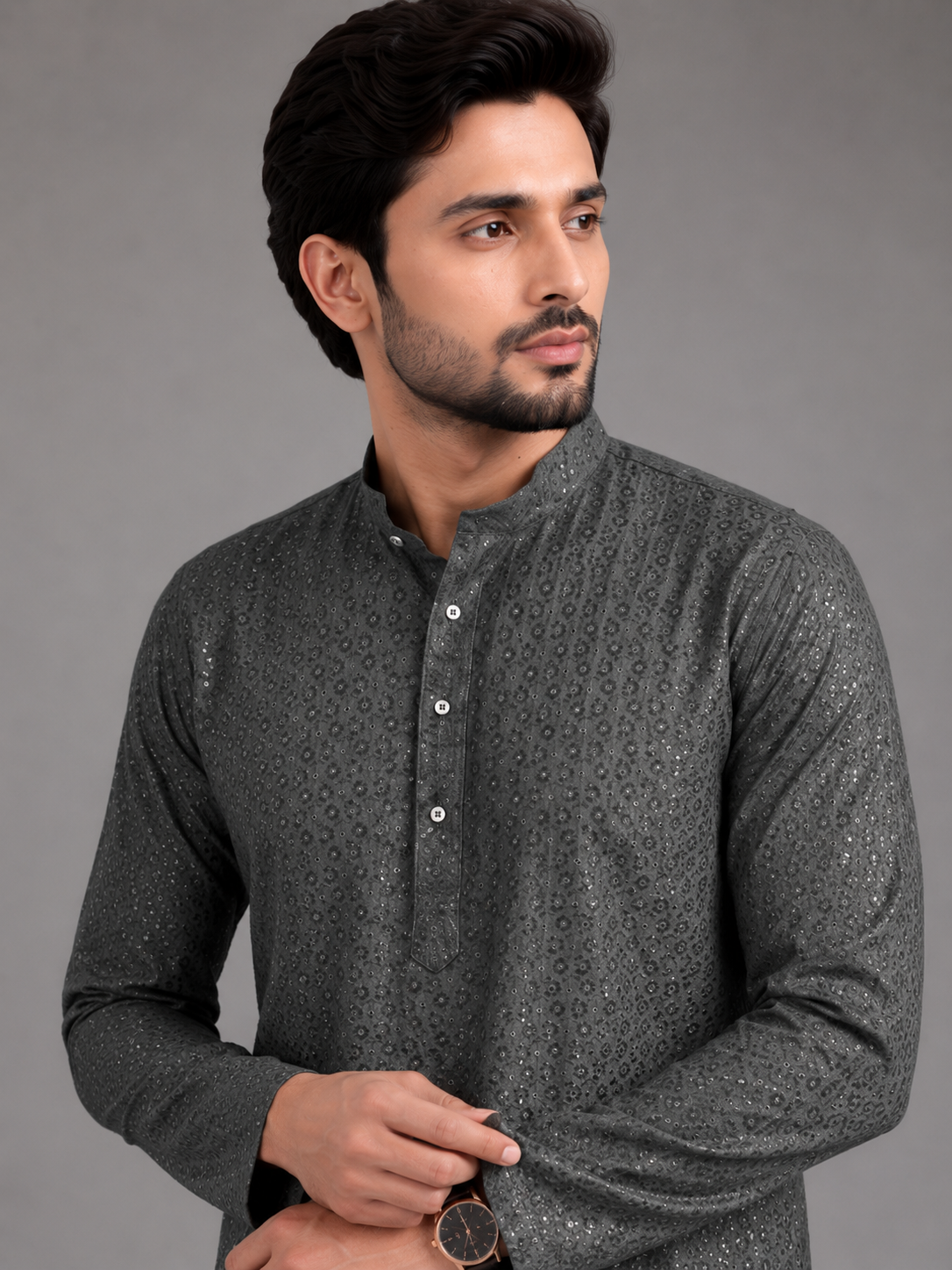 Heritage Grey Embroidered Kurta with Sophisticated Craftsmanship