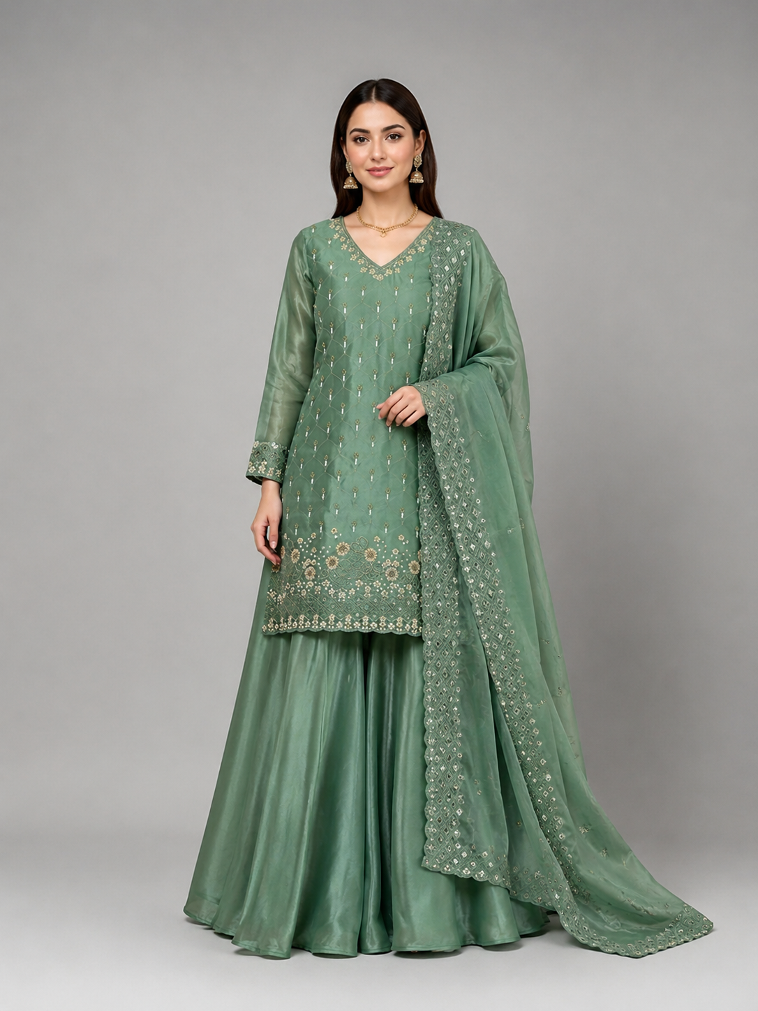 Regal Green Festive Set Featuring Intricate Embellishments