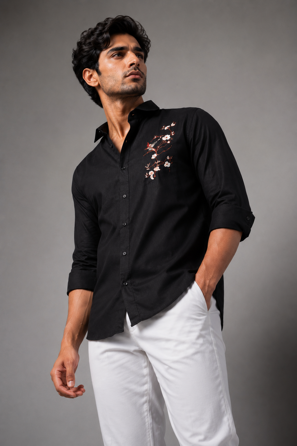 Midnight Black Linen Shirt Featuring Artistic Embroidered Accents