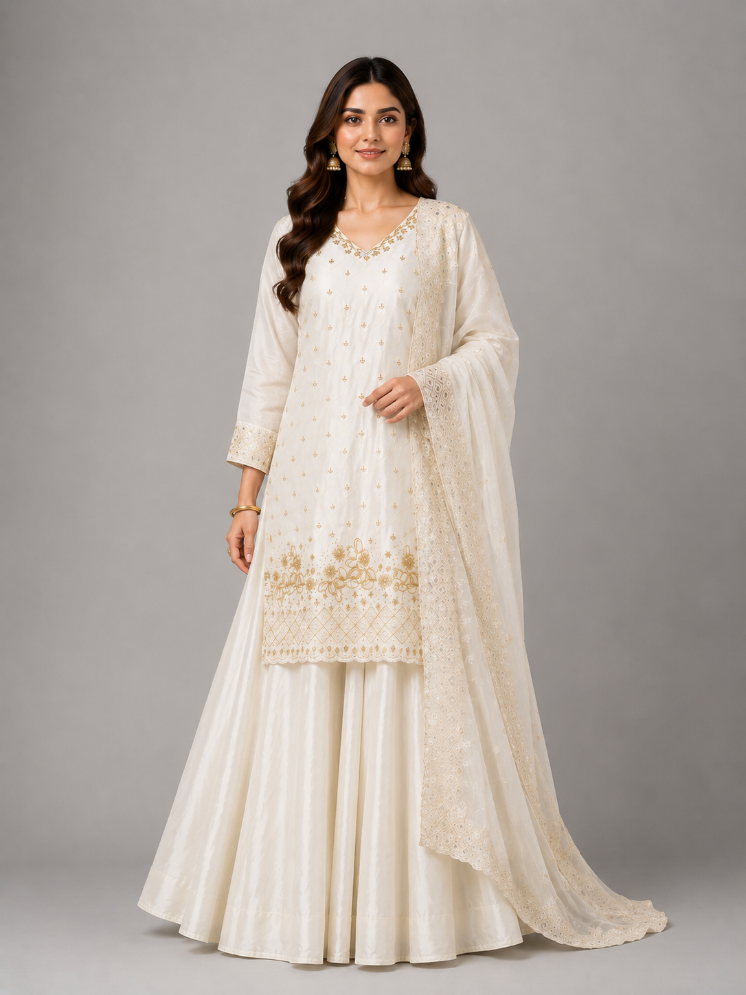 Royal Ivory Embroidered Palazzo Suit Set Featuring Bead & Sequin Detailing