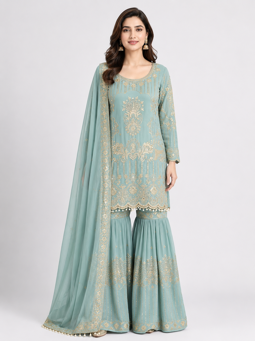 Timeless Sky Blue Occasion Wear Ensemble with Graceful Detailing